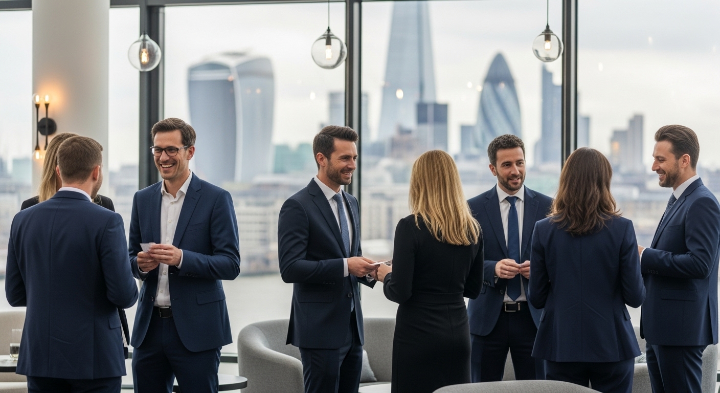 A diverse group of expat professionals from various industries networking at a formal business event in a modern London venue, with smiling faces, light conversation, and business cards being exchanged. The setting is bright and professional, showing the London skyline in the background through large windows.