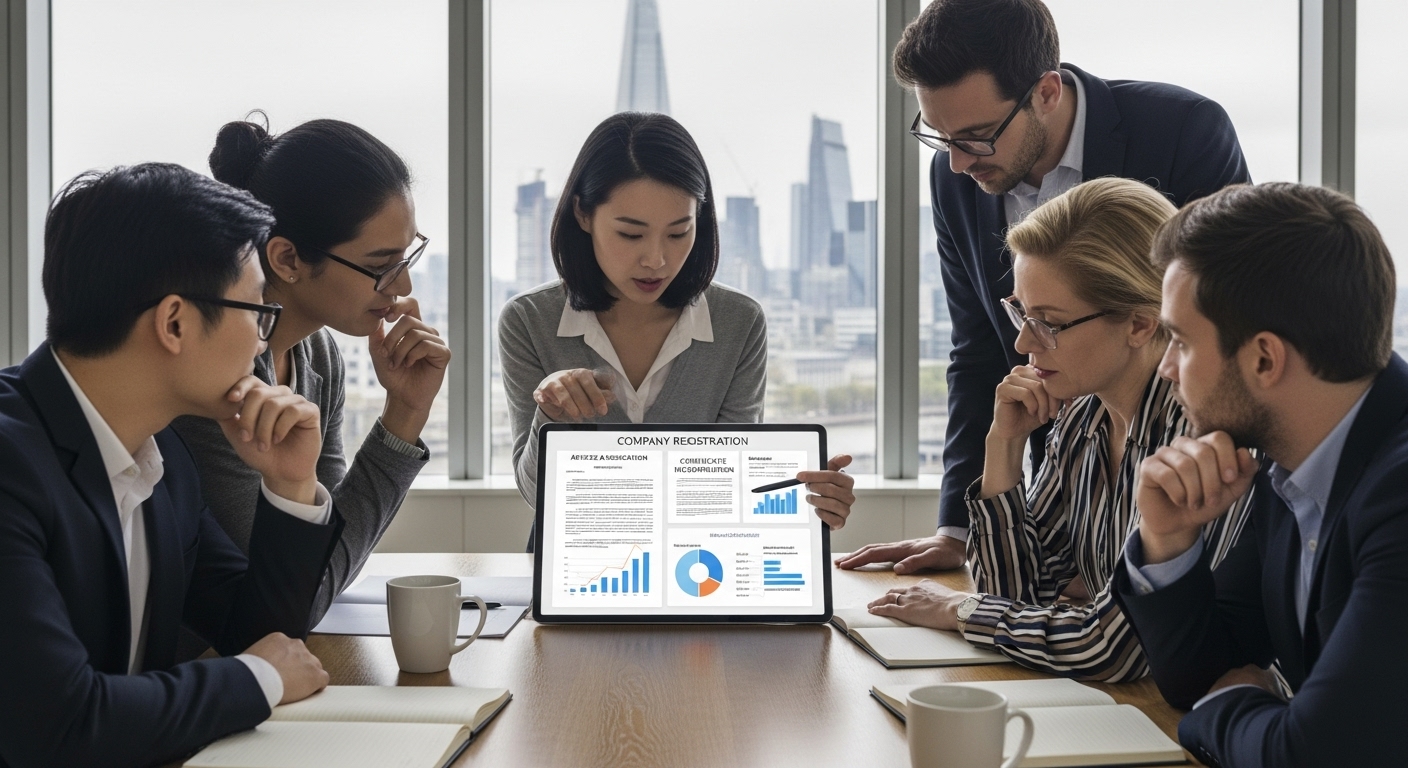 A diverse group of international entrepreneurs in a modern, brightly lit office space in London, looking at a digital tablet with charts and legal documents, discussing company registration. The mood is collaborative and focused.