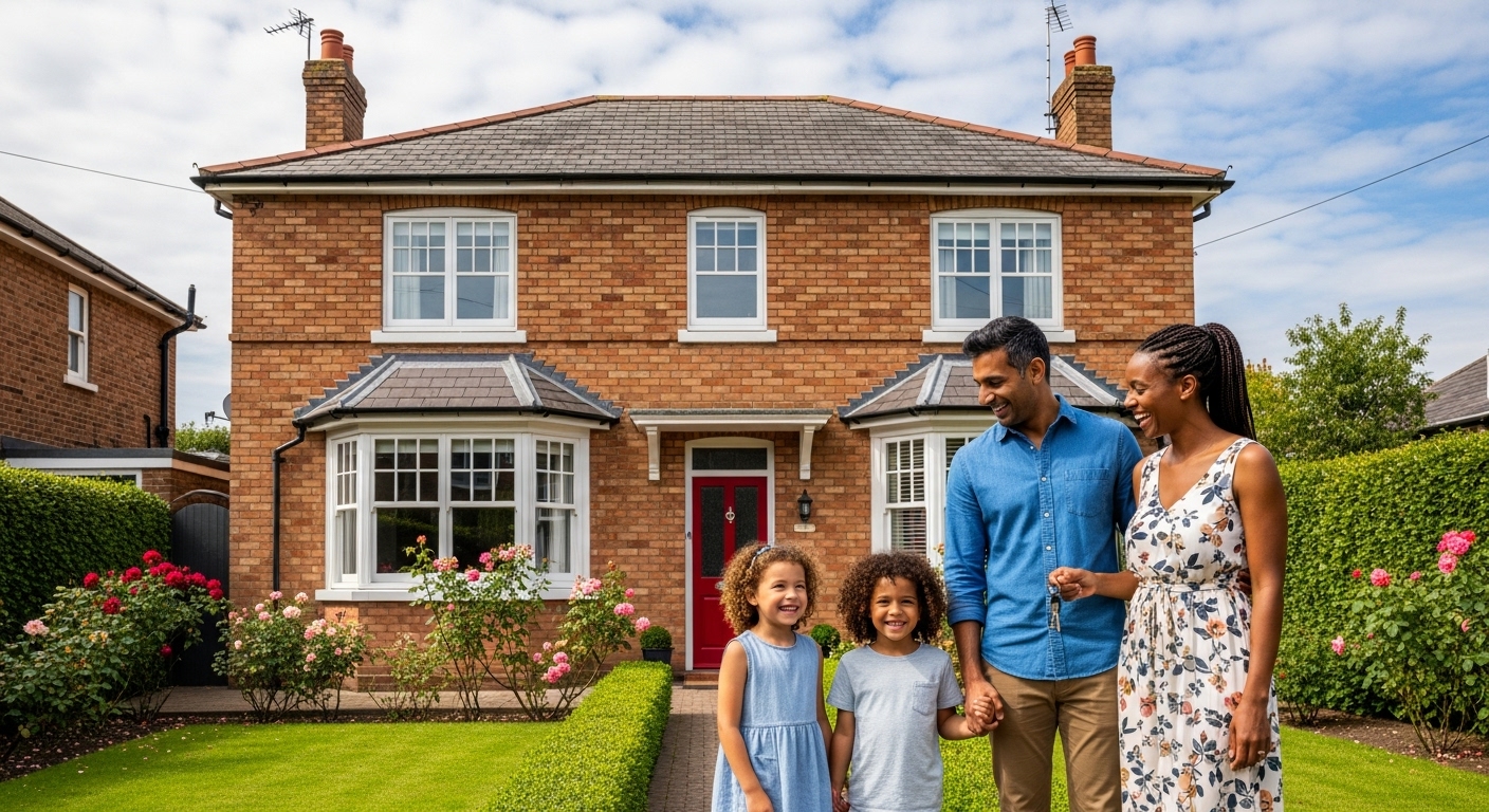 A diverse expat family smiling happily, standing in front of a quintessential British house with a well-maintained garden, holding keys and looking at each other. The house is a warm brick color under a slightly cloudy but bright sky, suggesting a fresh start.