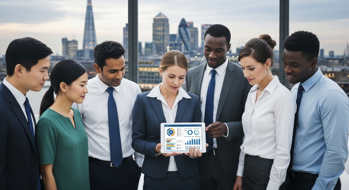 A professional, diverse group of business people from various countries, looking confidently at a digital tablet displaying UK business statistics, with the London skyline in the background, symbolizing global business expansion and the ease of setting up an international business in the UK.