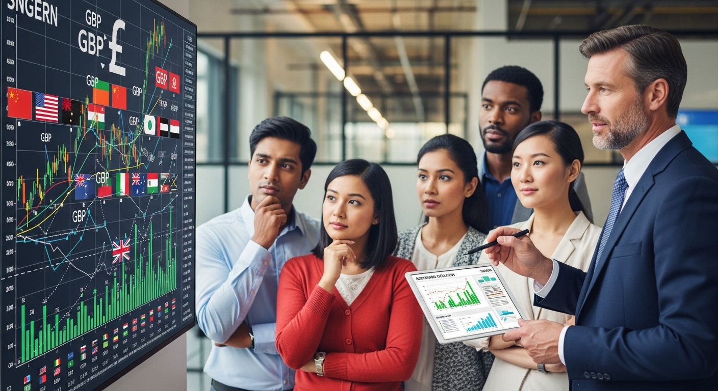 A diverse group of people from different nationalities looking thoughtfully at a complex financial chart with UK currency symbols and international flags, symbolizing the intricacies of expat financial planning in the UK, with a professional advisor pointing to a solution on a tablet in a modern office setting. Photorealistic and detailed.