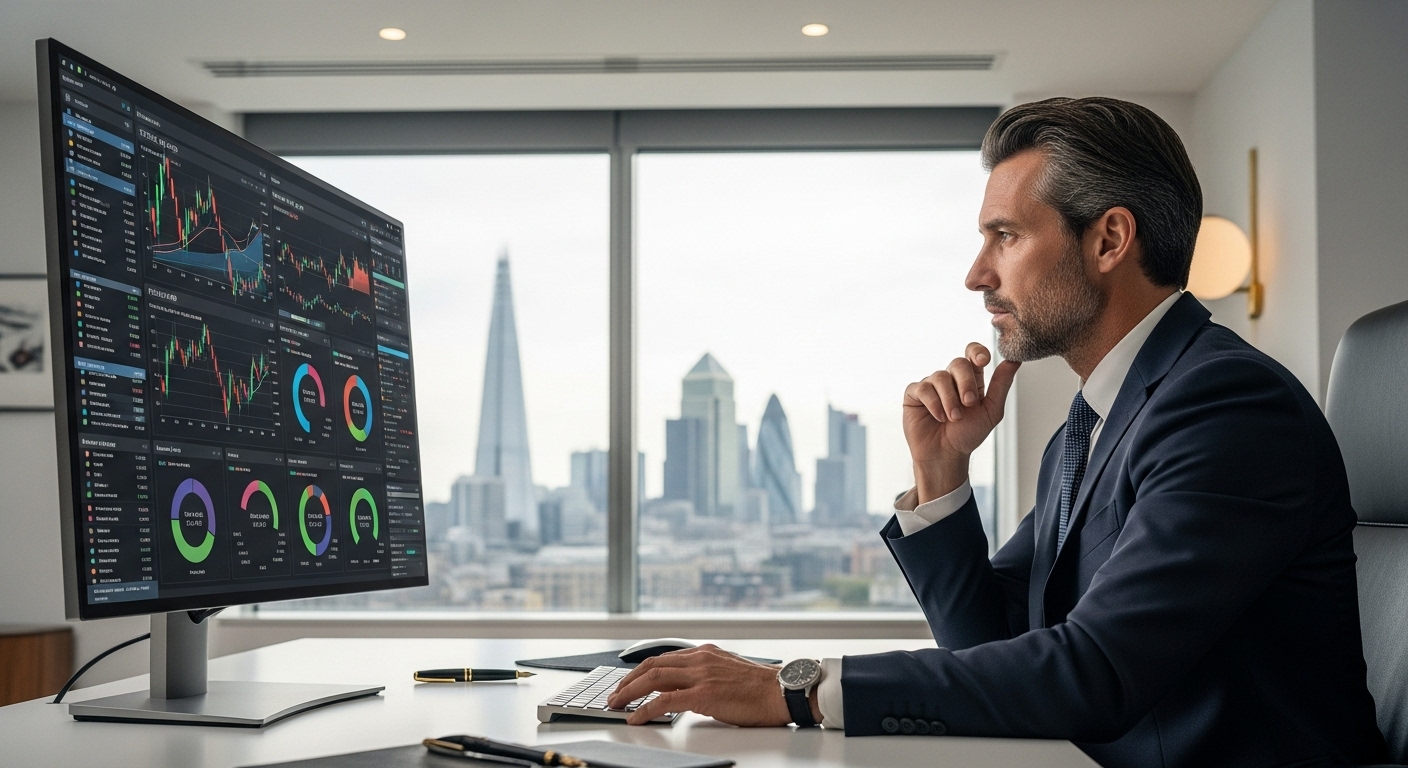 A detailed, photorealistic image depicting a sophisticated investor in a modern office, reviewing a financial dashboard displaying various investment graphs (stocks, bonds, real estate, private equity), with the London skyline subtly visible in the background through a window. The focus is on financial planning and strategic wealth management.