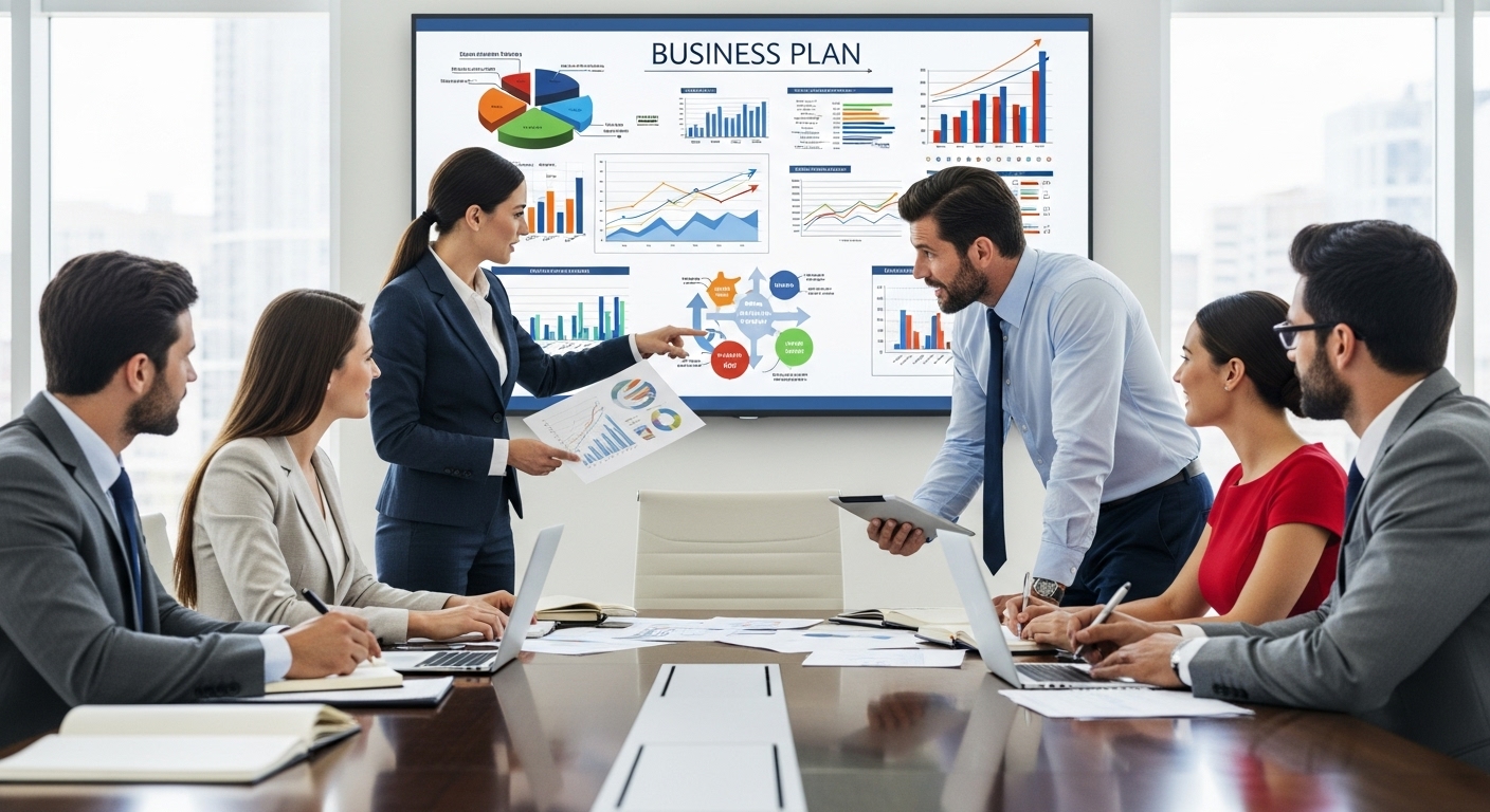 A professional, diverse group of business people in a modern office collaborating on a detailed business plan, with charts and diagrams visible on a large screen, depicting growth and innovation. The scene should exude professionalism and determination.