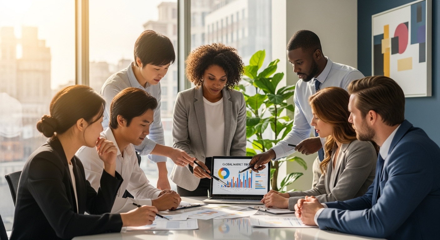 A diverse group of business professionals from various backgrounds collaborating in a modern, sunlit office, looking at documents and a laptop, symbolizing successful international business ventures and expert guidance. The scene should be photorealistic and professional.