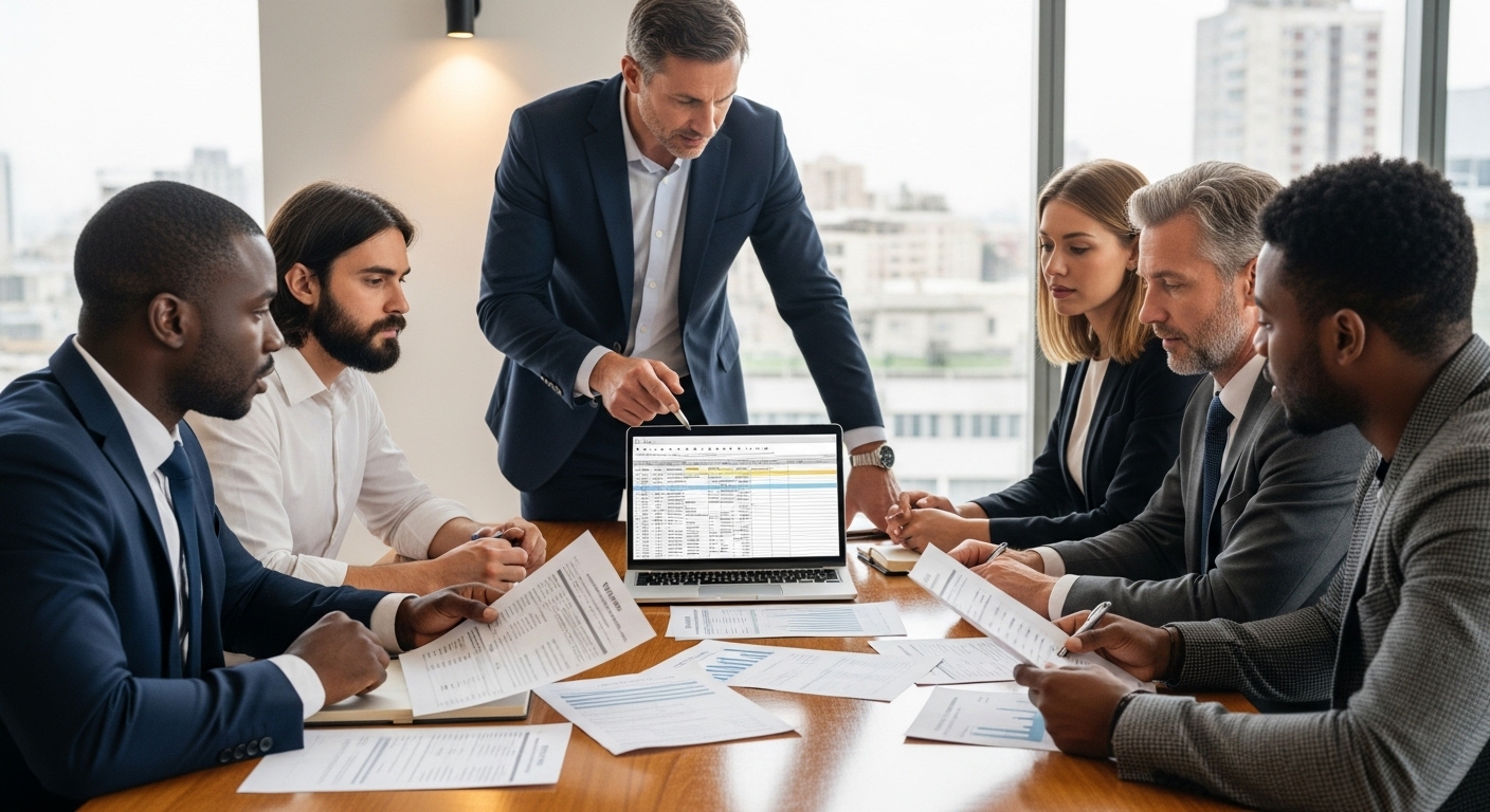 A diverse group of expat business owners in a modern, light-filled office discussing tax documents and financial statements with a professional tax advisor, who is pointing to a laptop screen. The scene should be photorealistic and convey trust and expertise.