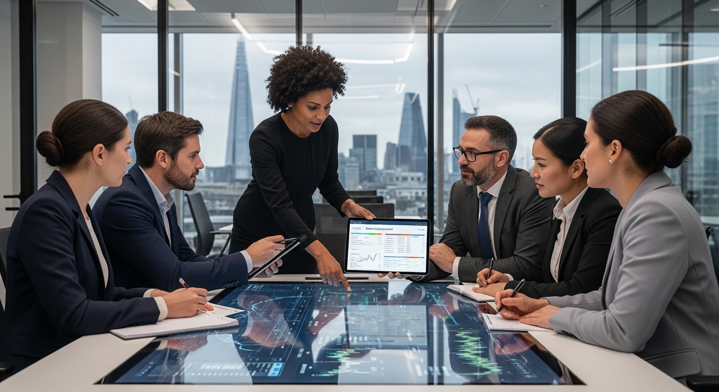 A professional, diverse group of financial advisors in a modern office setting, discussing financial charts and digital tablets with a focus on global wealth management. The background features a subtle London skyline.