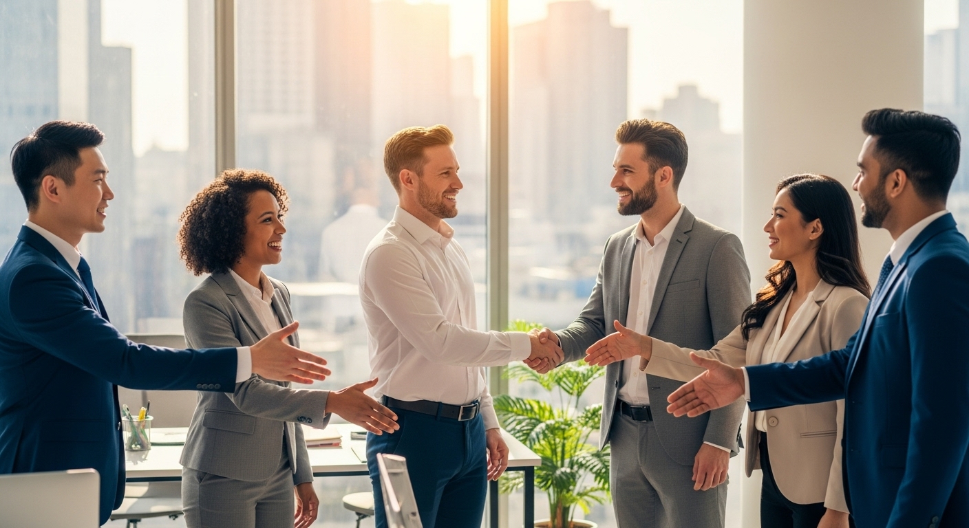 A diverse group of business professionals from various backgrounds shaking hands and smiling in a modern, sunlit office environment, symbolizing successful international business collaboration and company formation.