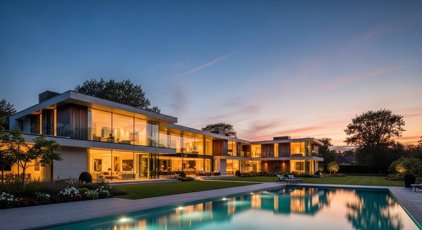 A wide-angle, photorealistic shot of a grand, modern mansion with large glass windows and sleek architecture, set amidst a beautifully landscaped garden with a swimming pool at sunset, located in a high-end UK suburban area. The interior lights are warm and inviting, showcasing a sophisticated living space.