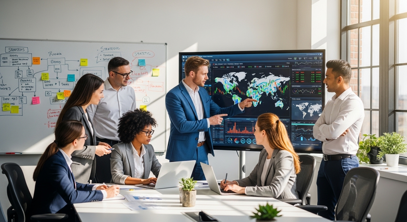 A diverse group of business professionals, including a British expat, in a modern, sunlit office, collaborating on a large digital screen displaying global market data and strategic plans. They are focused and engaged, with a whiteboard showing flowcharts and notes in the background. The atmosphere is professional and innovative, with a realistic and high-resolution quality.