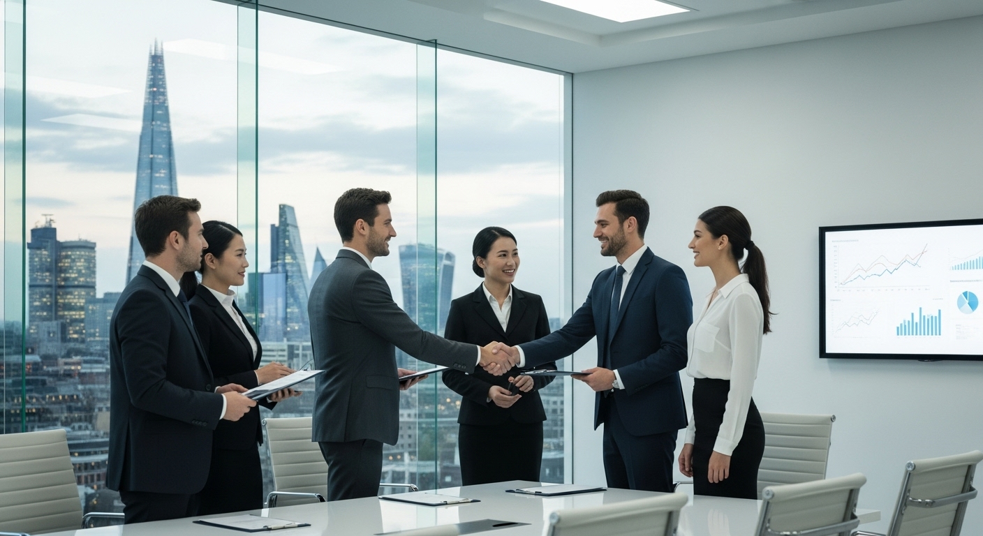 A diverse group of business professionals in formal attire shaking hands in a modern, light-filled office boardroom overlooking the London skyline. The atmosphere is collaborative and successful, with charts and graphs subtly visible on a screen in the background. The lighting is bright and professional, depicting a sense of global business achievement.