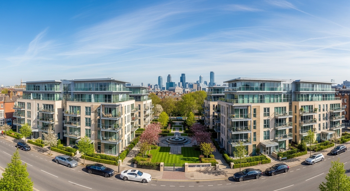 A wide, panoramic shot of a modern, upscale residential complex in a vibrant UK city, with sleek architecture, lush green spaces, and a few high-end cars parked outside. The sky is clear, suggesting a prosperous environment.