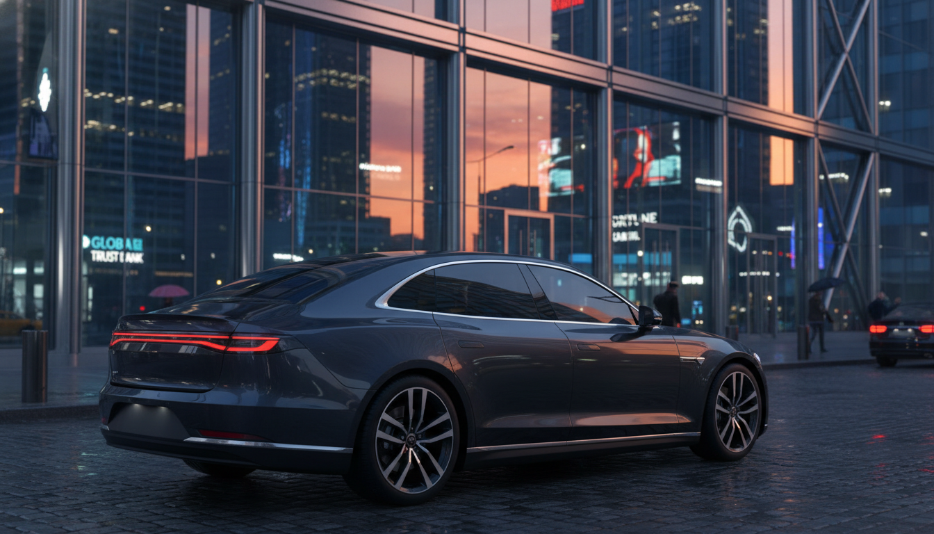 A sleek, deep charcoal metallic executive sedan parked in front of a modern glass-and-steel skyscraper in a financial district at sunset, reflecting the city lights, highly detailed, photorealistic style, 8k resolution.