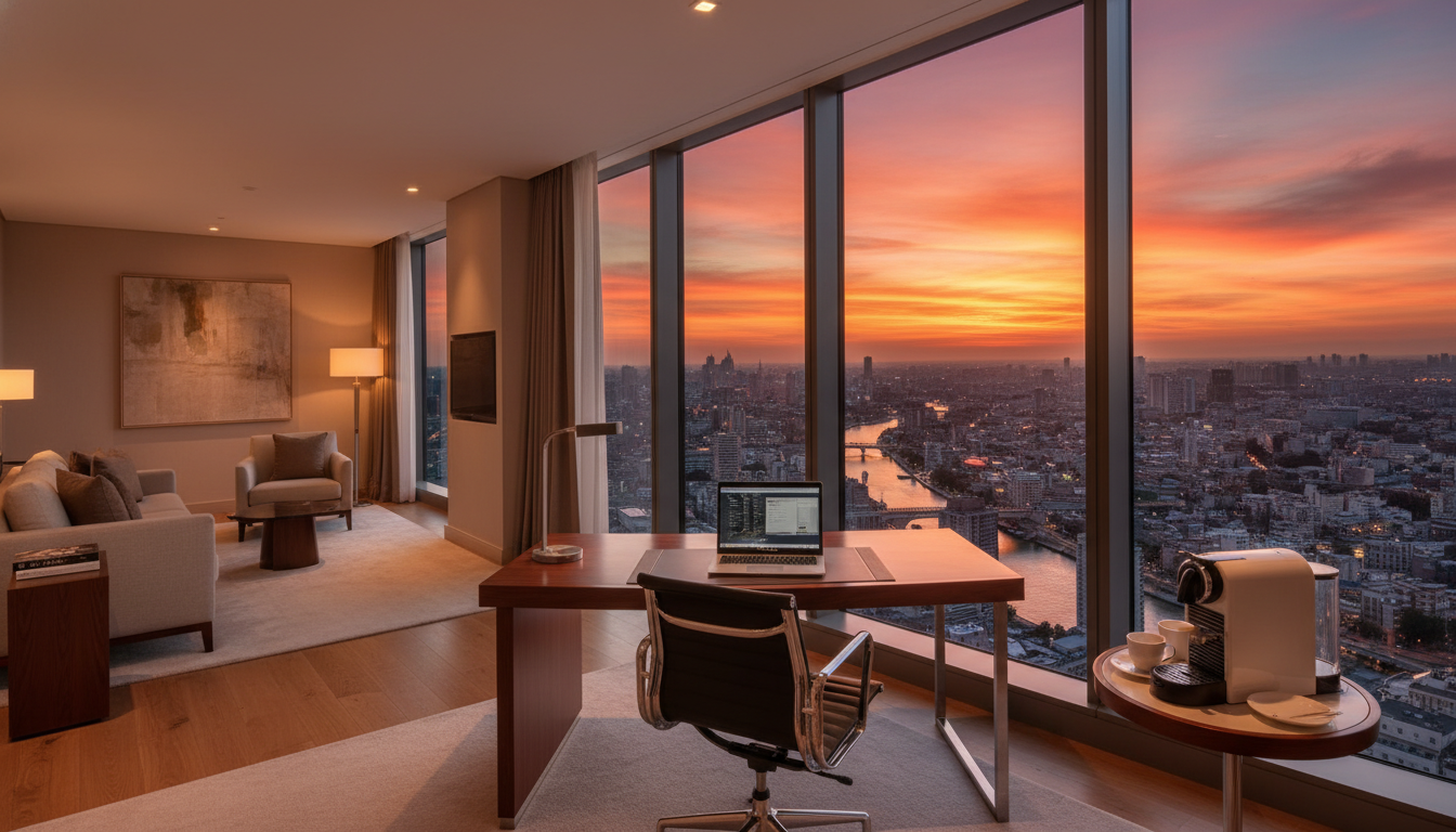 A wide-angle, photorealistic shot of a modern luxury hotel suite overlooking a bustling city skyline at sunset, featuring a sleek wooden desk with a laptop, ergonomic chair, and a high-end coffee machine on the side table.