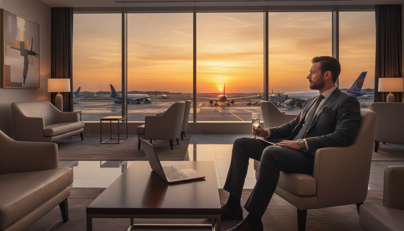 A professional business traveler in a tailored suit sitting in a luxurious, modern airport lounge with floor-to-ceiling windows overlooking a sunset runway, holding a sleek laptop and a glass of sparkling water, photorealistic, 8k resolution, cinematic lighting