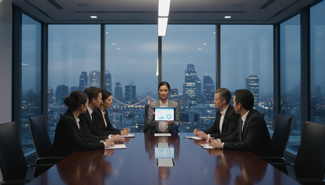 A high-end professional boardroom setting with large windows overlooking a sprawling modern cityscape like London or Tokyo. Diverse corporate executives are seen in a meeting, with a focus on a tablet showing a health insurance dashboard. The style is photorealistic, high resolution, with clean, professional lighting.