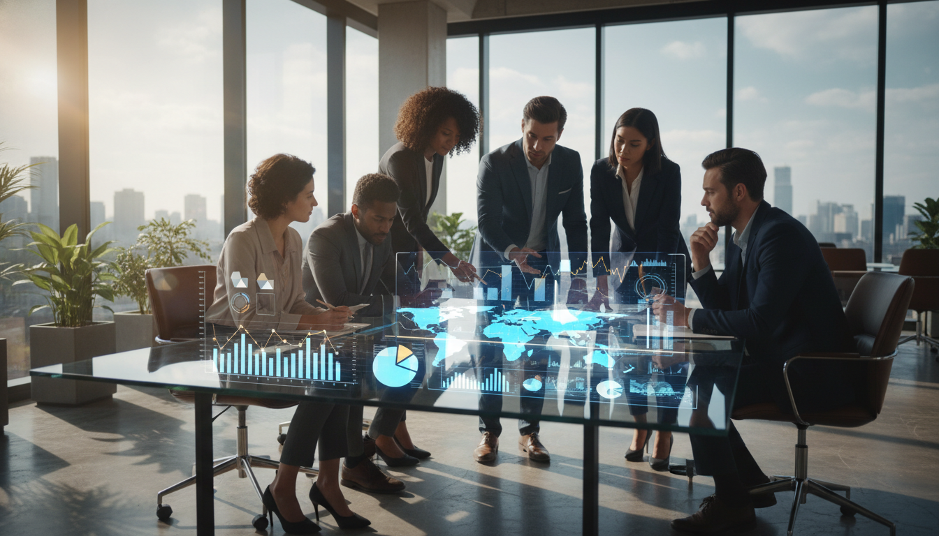 A professional business office setting where a diverse group of entrepreneurs is discussing financial charts and a world map on a digital screen, shot in a high-end, photorealistic cinematic style with natural sunlight.