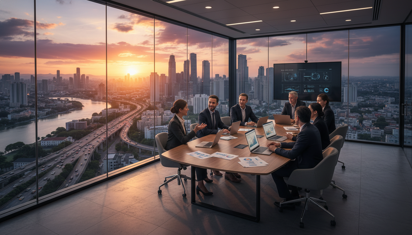 A professional, photorealistic wide shot of a modern glass-walled boardroom overlooking a sprawling metropolitan skyline at sunset. Inside, a diverse team of professional executives are gathered around a sleek wooden table with laptops and financial documents, looking optimistic and engaged in a strategy session.