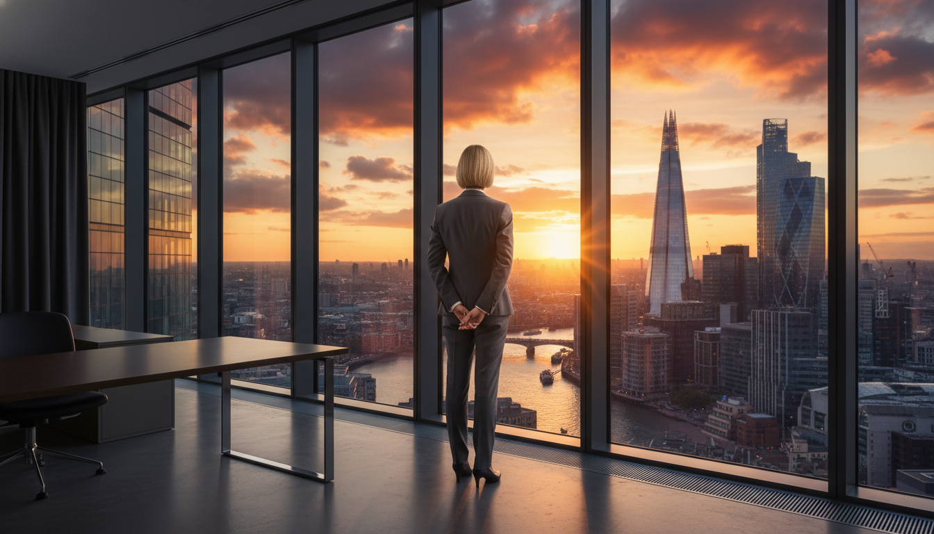 A professional business executive in a tailored charcoal suit standing in a modern high-rise office in London's Canary Wharf, looking out through large floor-to-ceiling glass windows at the iconic skyline featuring the Gherkin and the Shard at sunset, cinematic lighting, 8k resolution, photorealistic.