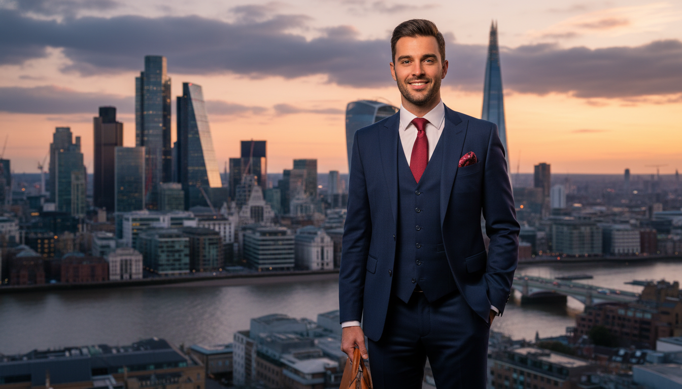 A professional business expatriate in a sharp navy suit standing in front of the London skyline with the Gherkin and Shard visible, looking confident and holding a leather briefcase, photorealistic, 4k, cinematic lighting.