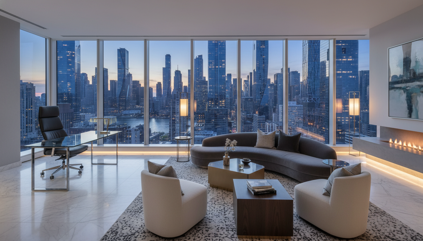 A wide-angle, photorealistic shot of a modern luxury penthouse living room featuring floor-to-ceiling windows with a view of a global financial district skyline at dusk. The interior includes high-end designer furniture, a sleek glass-topped executive desk with a high-back ergonomic chair, and elegant marble flooring with soft ambient lighting.